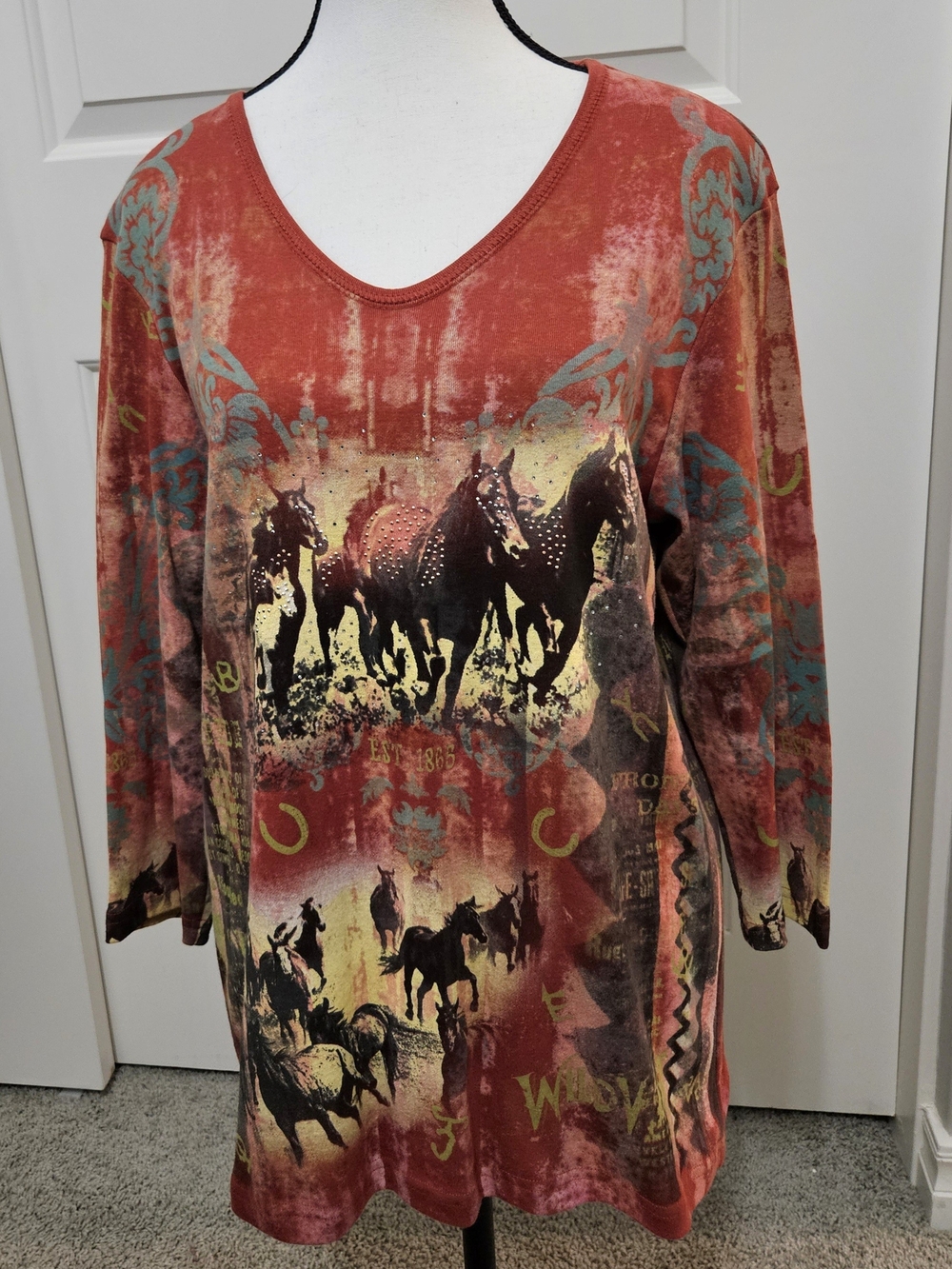 Cactus Bay-Women’s Long Sleeve Graphic Tee - Rust Red Horse Print